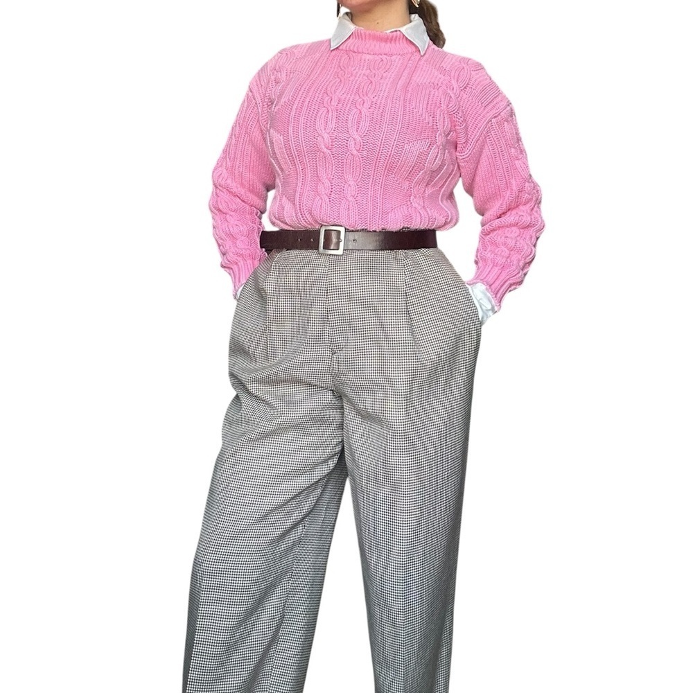 Classic Pink Cable Knit 100% Cotton Sweater Preppy Style Mock neck - Small - Picture 3 of 11